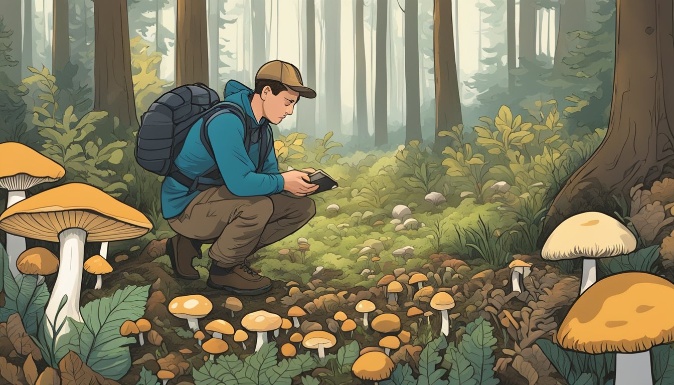 A dense forest floor in the upper midwest, scattered with various types of mushrooms. A person kneels, carefully examining and identifying different species