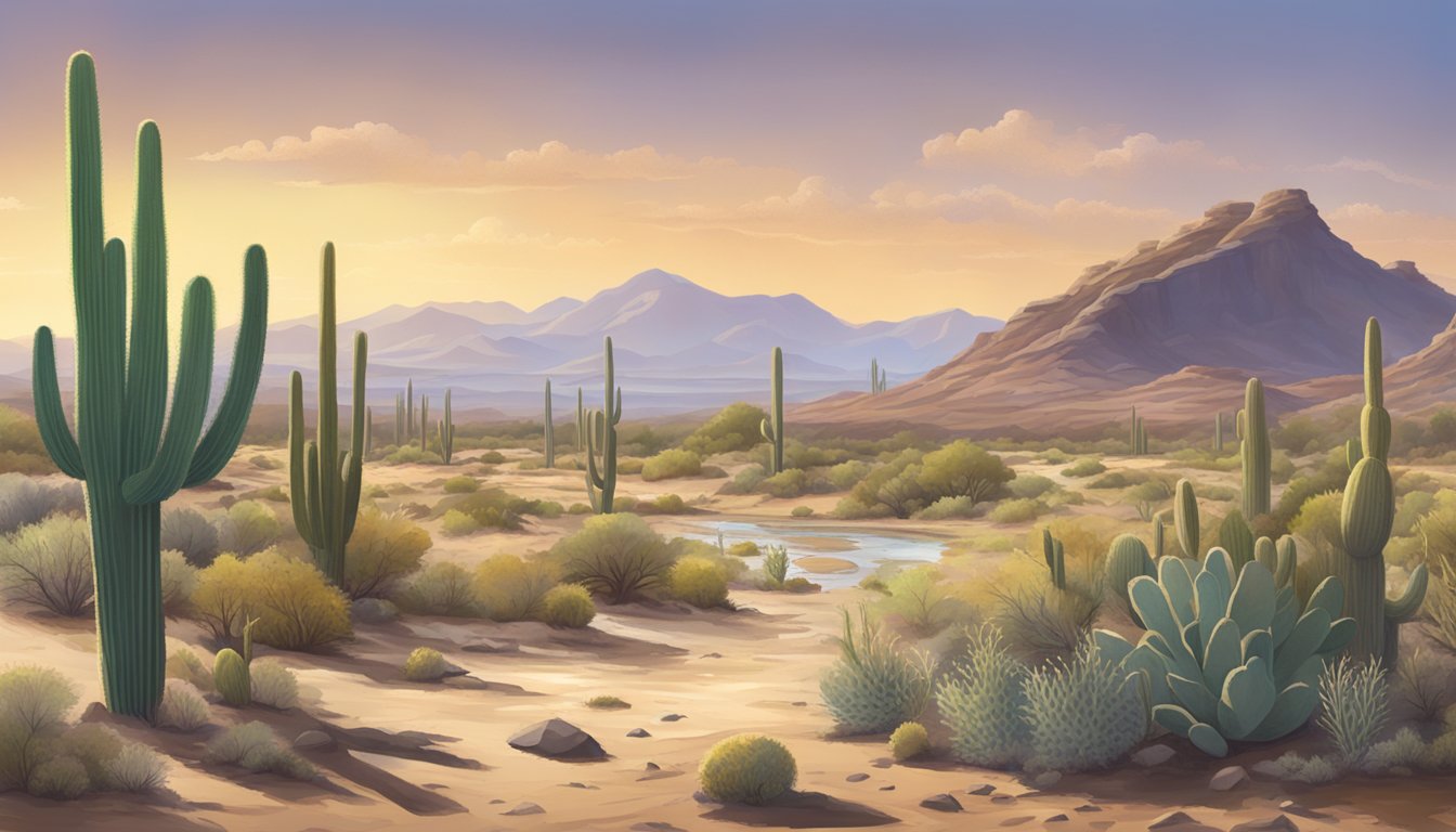 A sunny desert landscape with cacti and sparse shrubs, a dry riverbed, and rocky terrain in the Trans Pecos region