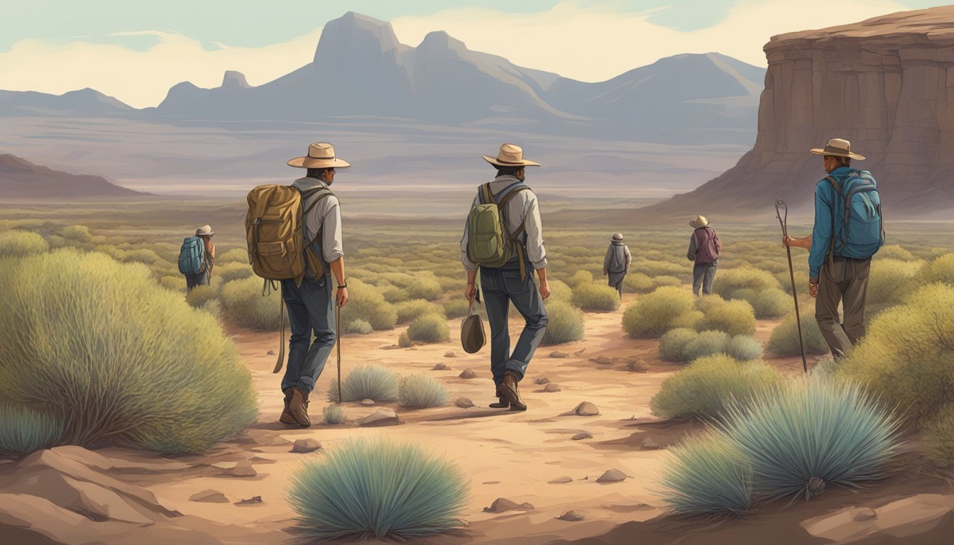 A desert landscape with rocky terrain and sparse vegetation, featuring a group of people searching for wild mushrooms in the Trans Pecos region