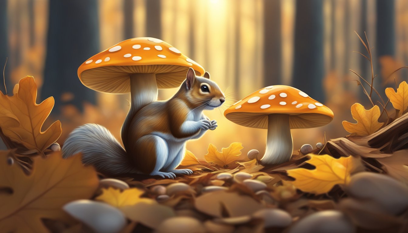 Mushrooms sprout among fallen leaves in a dense forest. A squirrel scampers, collecting nuts as the sun casts dappled light through the trees