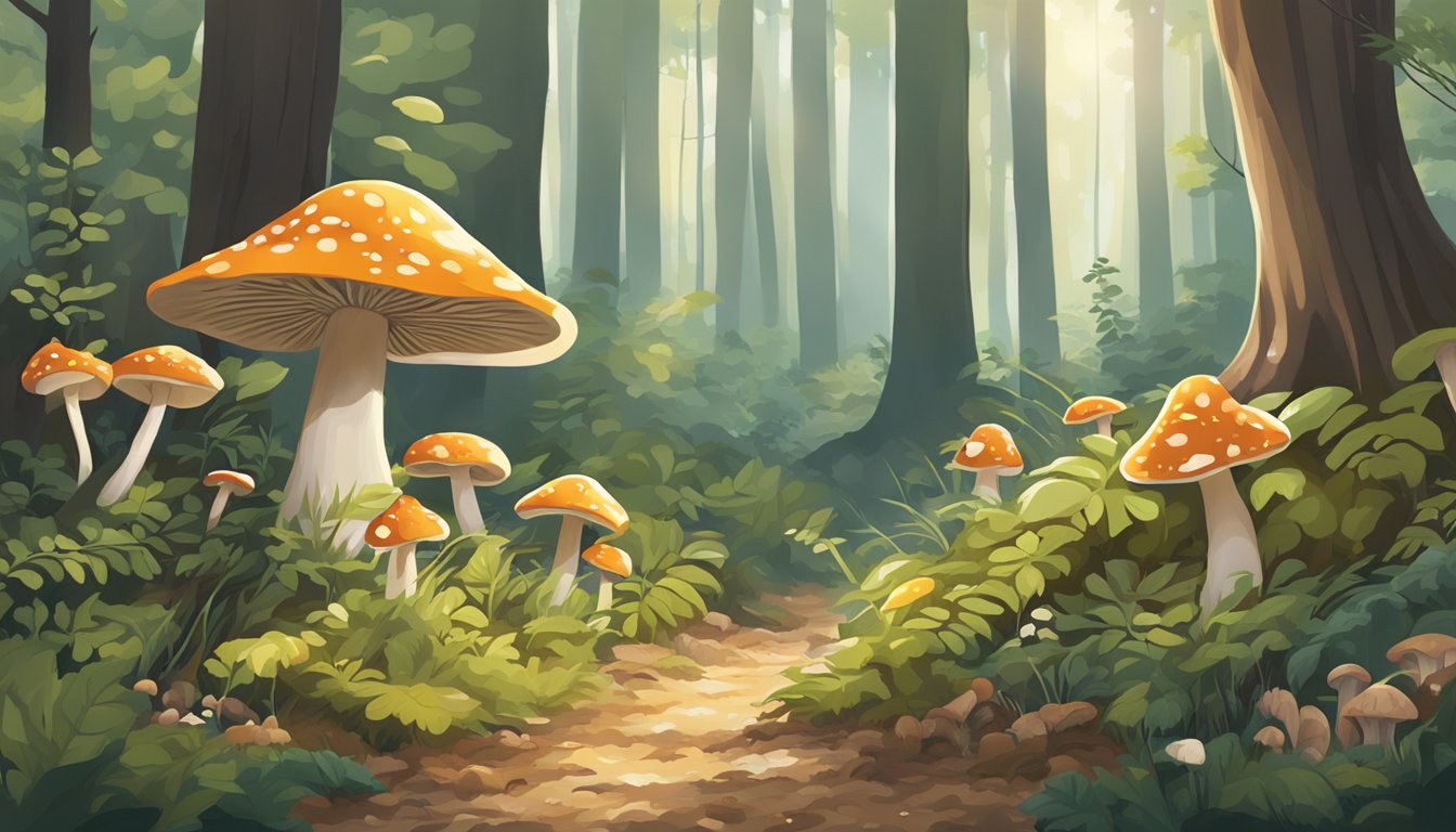 A forest floor scattered with various types of mushrooms, surrounded by trees and dappled sunlight in the upper Midwest region