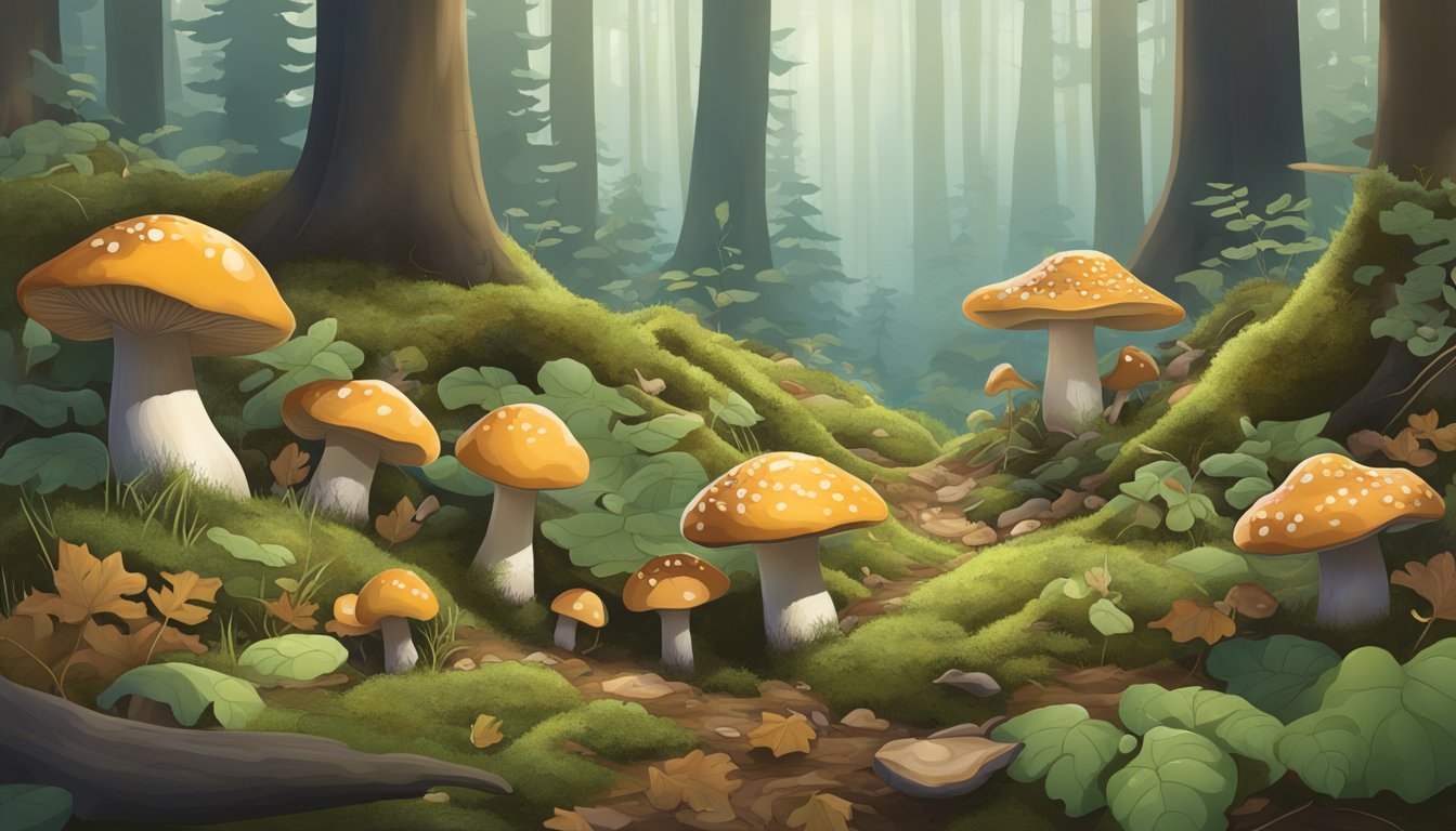 A lush forest floor in the upper midwest region, with various species of mushrooms sprouting among fallen leaves and moss. The scene is teeming with life, showcasing the interconnectedness of the local ecology