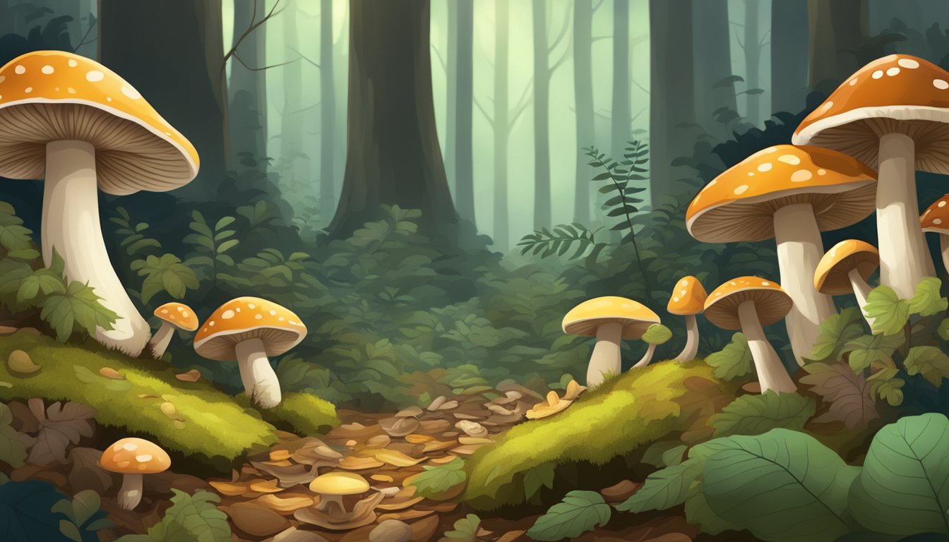 A forest floor with various types of mushrooms growing among fallen leaves and moss