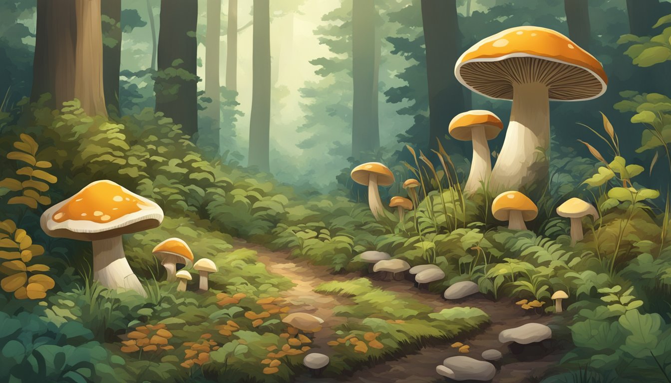 A wooded area in the tidewater region with various types of mushrooms growing on the forest floor. Some are edible, while others are poisonous