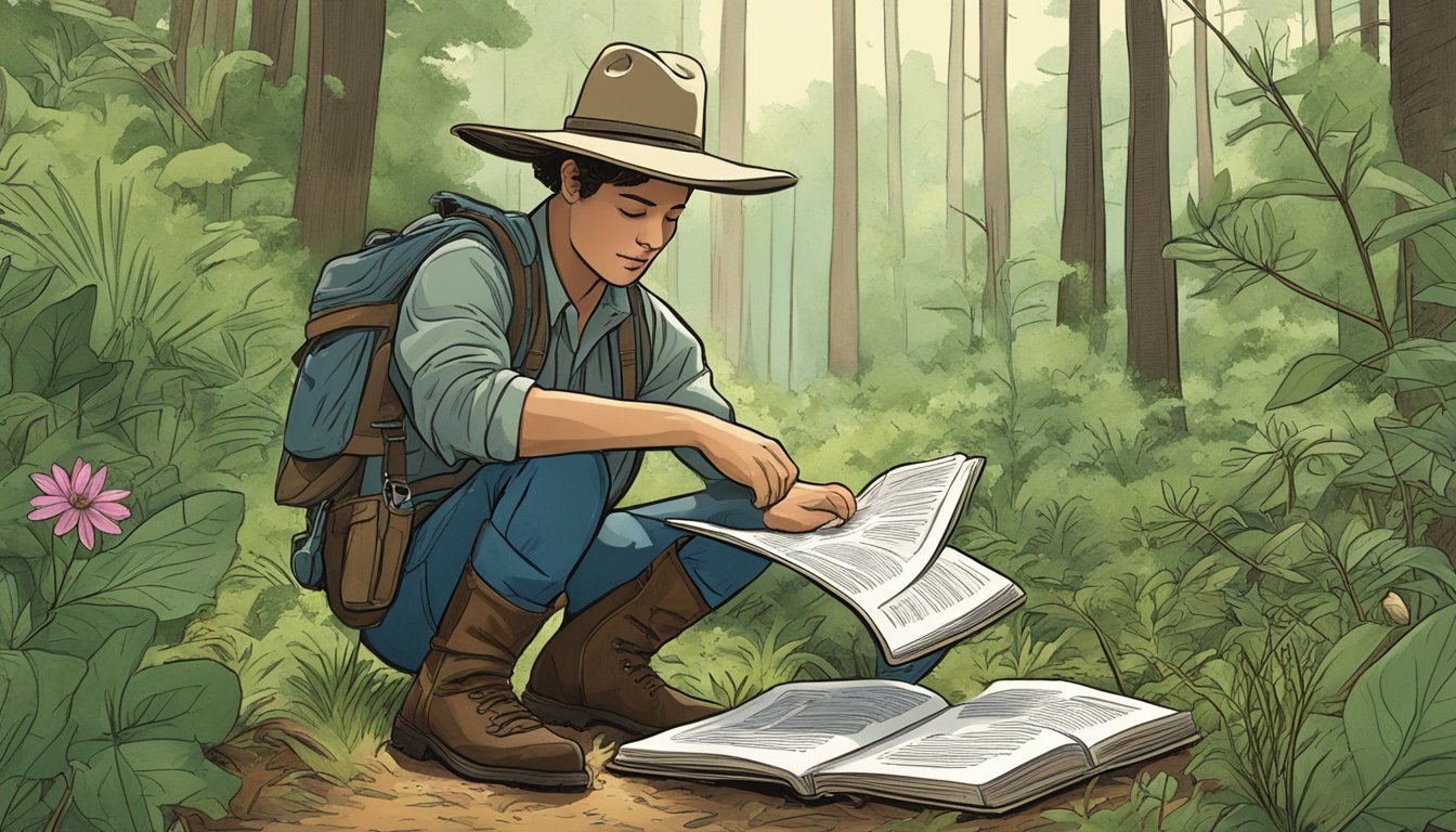 A person in a wide-brimmed hat and sturdy boots bends over to examine wild plants in a lush Texas forest, with a guidebook in hand