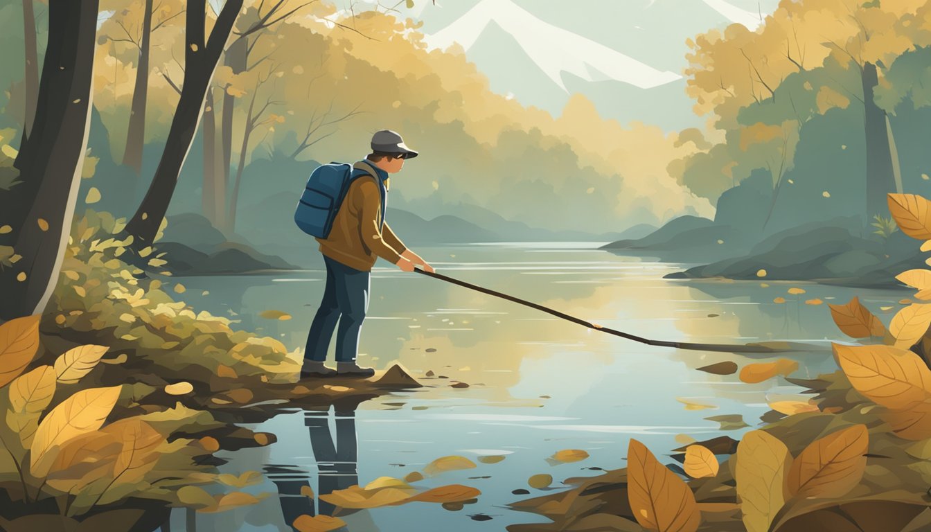 A person uses a long stick to carefully lift up fallen leaves and search for mushrooms in a damp, shaded area near a tidal inlet