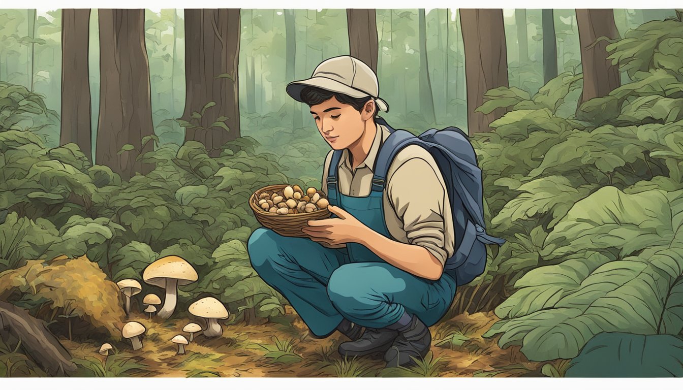 A person in a forest, picking mushrooms in the tidewater region