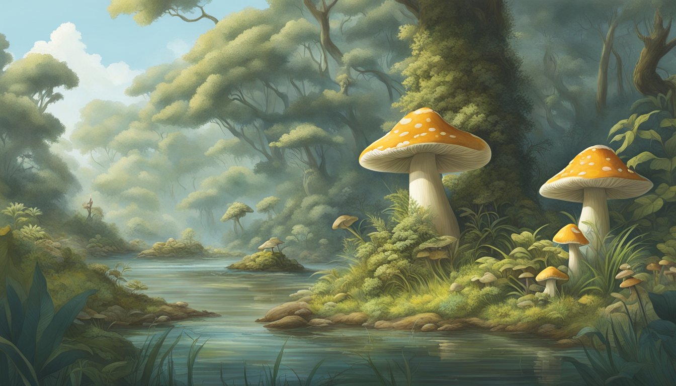 Mushroom hunters carefully forage in the lush, damp tidewater region, surrounded by diverse flora and fauna. The conservation and environmental impact of their activity is evident in the delicate balance of the ecosystem