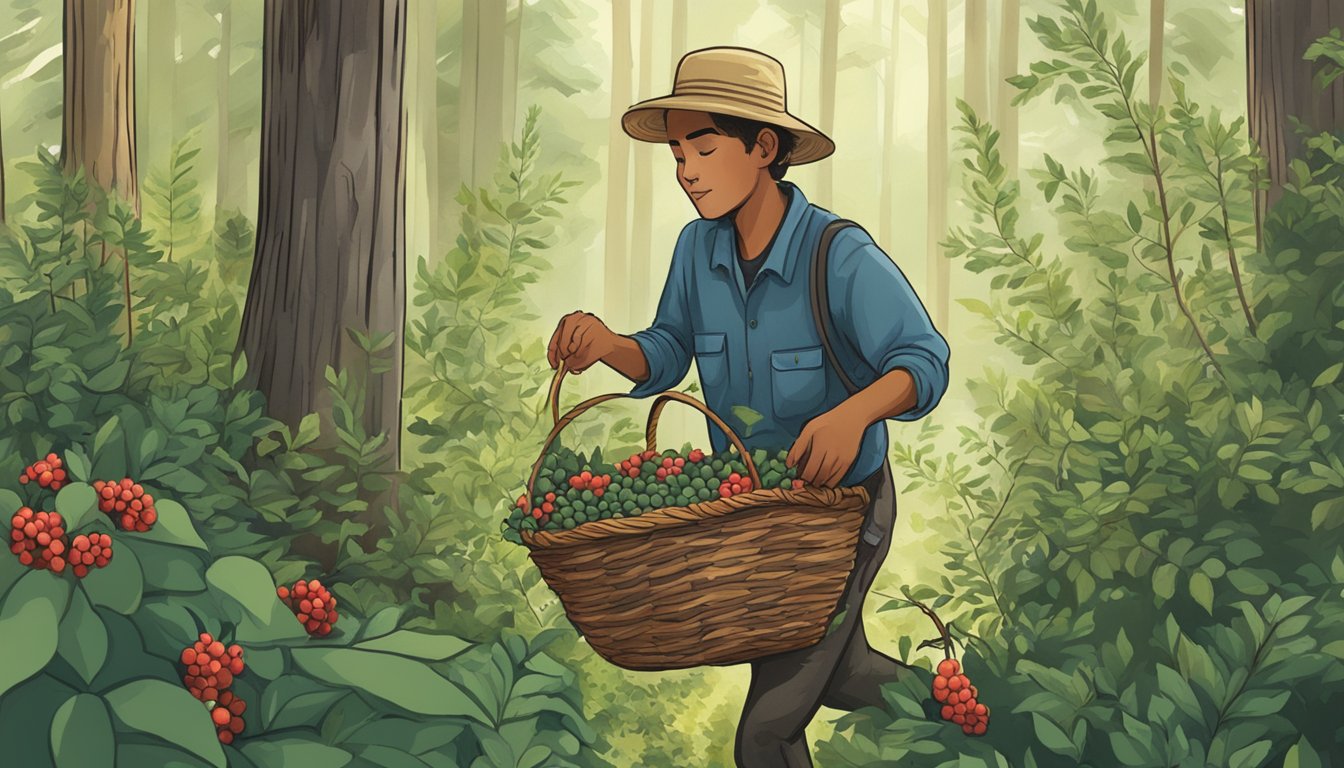 A person using a basket to collect wild berries from bushes in a Texas forest