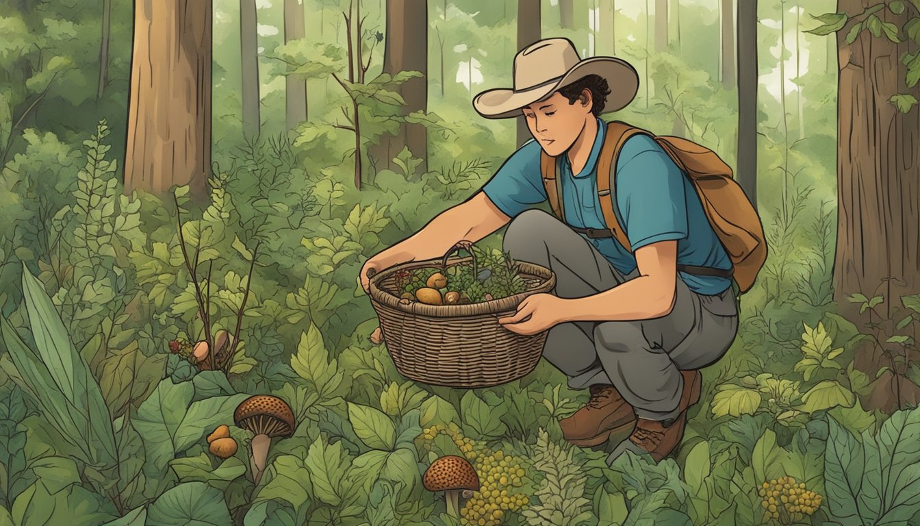 A person collecting wild plants in a Texas forest, using a basket to gather various edible items such as berries, mushrooms, and herbs