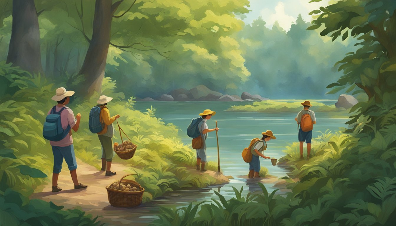 A group of people gather in a lush tidewater region, searching for mushrooms among the trees and foliage. They carry baskets and tools, eager to find and collect the valuable resources