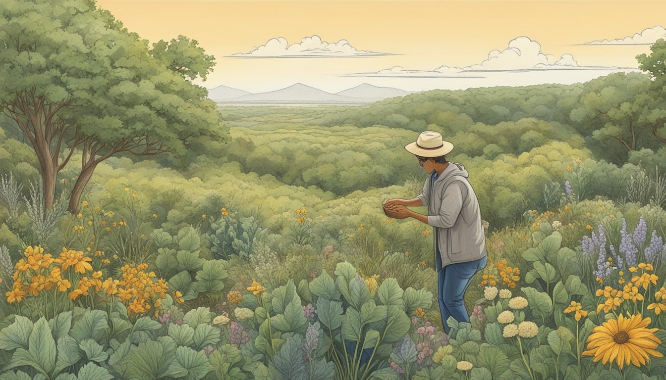 A person gathering wild plants in a Texas landscape, with various edible and medicinal plants surrounding them