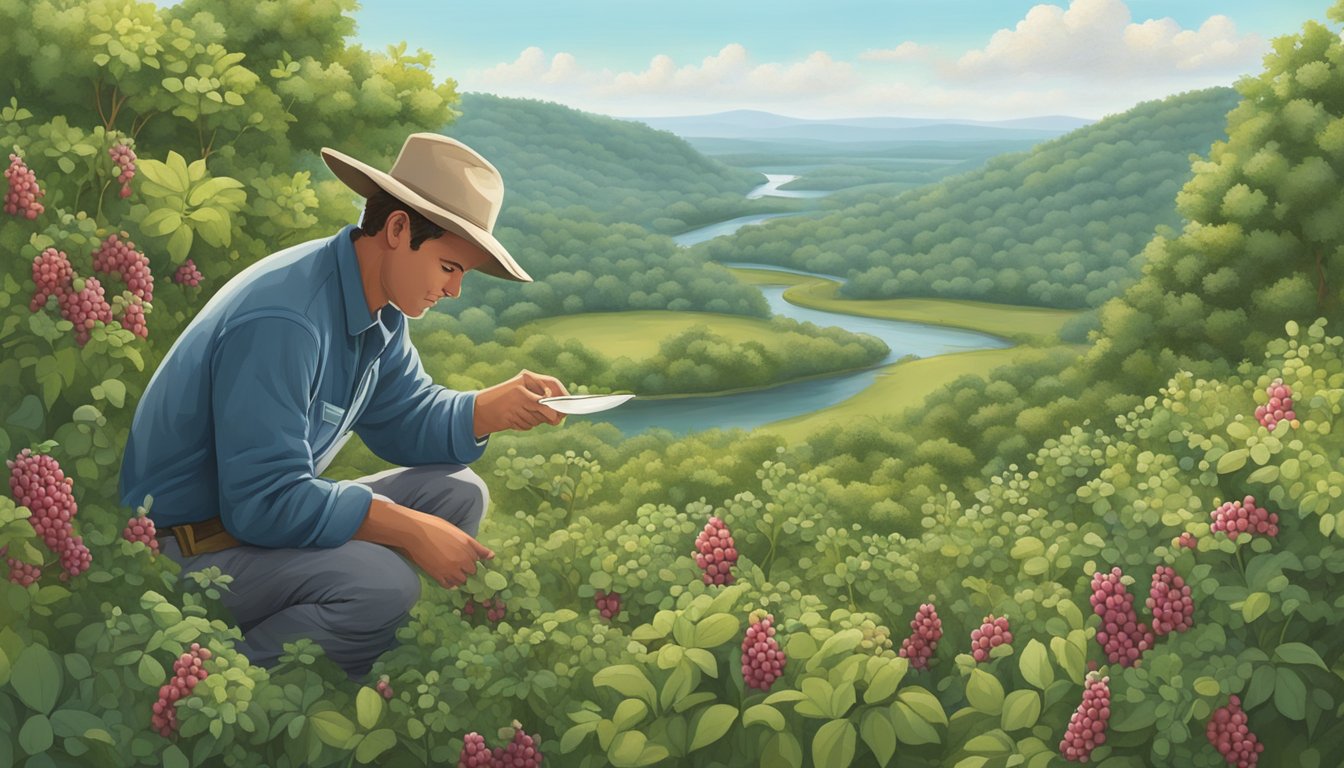 A forager carefully examines a cluster of wild berry bushes in the Texas countryside, surrounded by native plants and wildlife