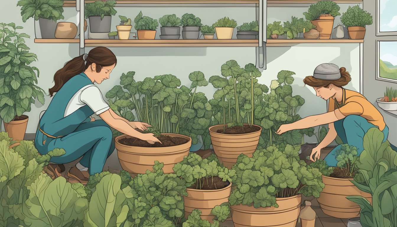 A garden with tall sunchoke plants, a person harvesting tubers, and another person cooking them in a kitchen