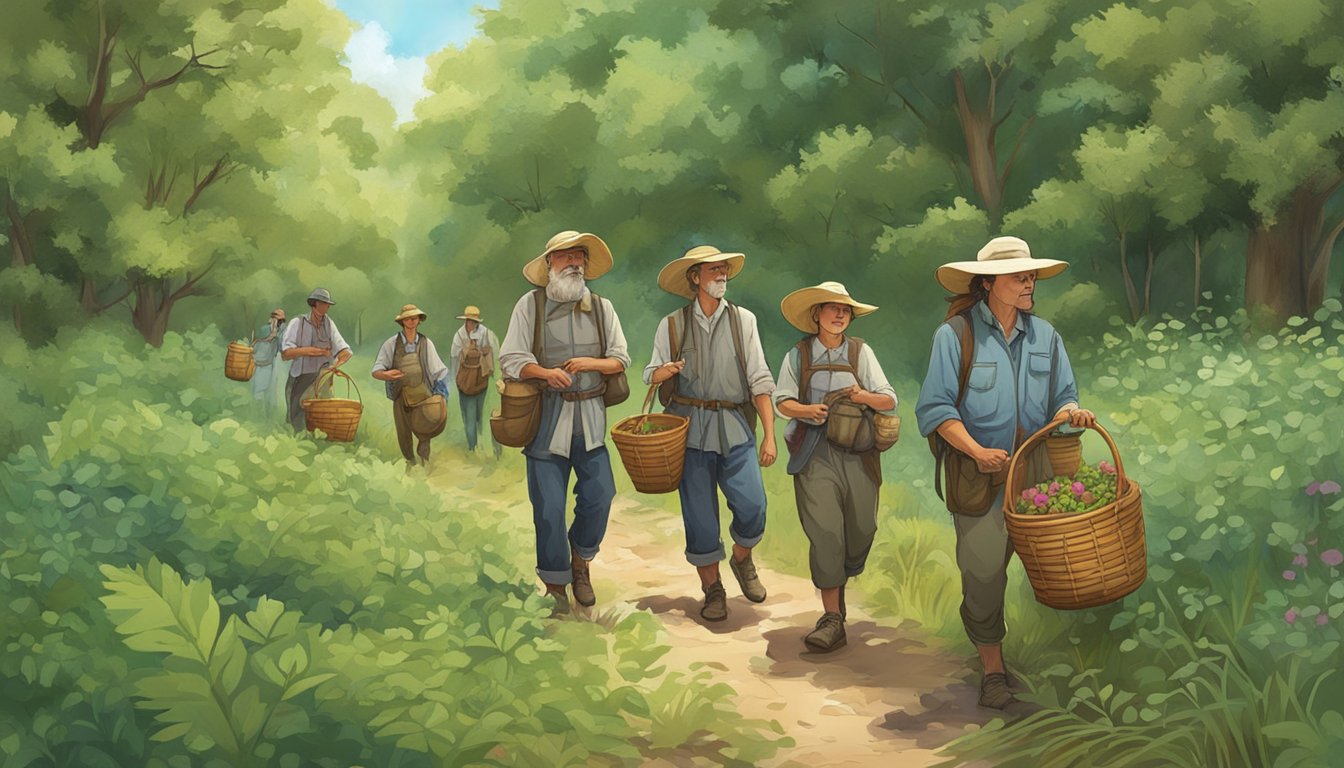 A group of foragers equipped with baskets and field guides searching for wild berries in the lush Texas countryside