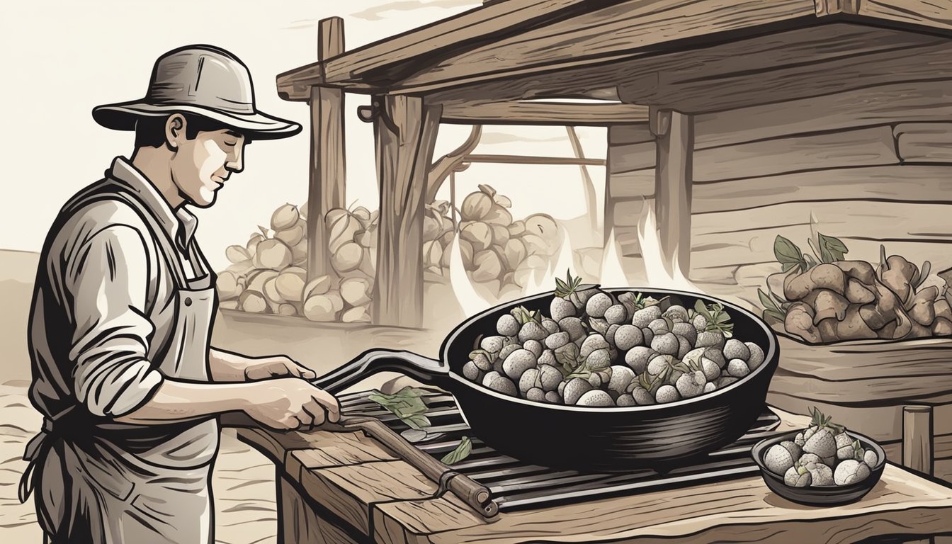 A farmer gathering freshly dug sunchokes, washing them in a rustic wooden sink, and then roasting them in a cast iron skillet over an open flame