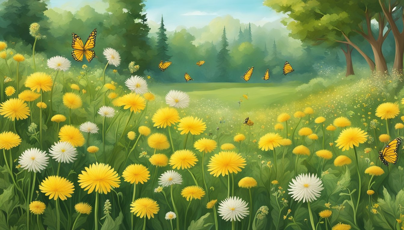 A lush field of dandelions in various stages of growth, surrounded by wildflowers and greenery. Bees and butterflies flit among the blooms, creating a lively and vibrant scene