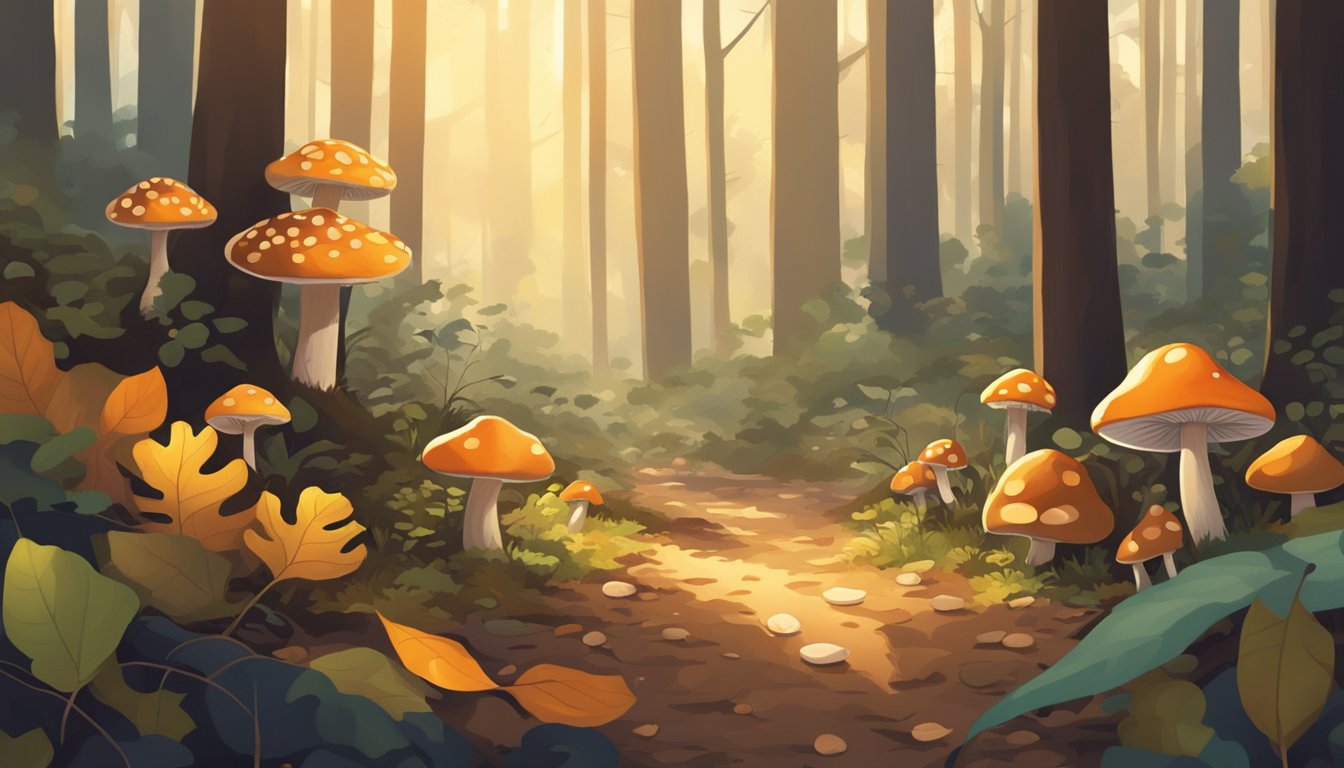 Mushrooms sprout from the forest floor, surrounded by fallen leaves and twigs. The warm Texas sun filters through the trees, casting dappled shadows on the ground