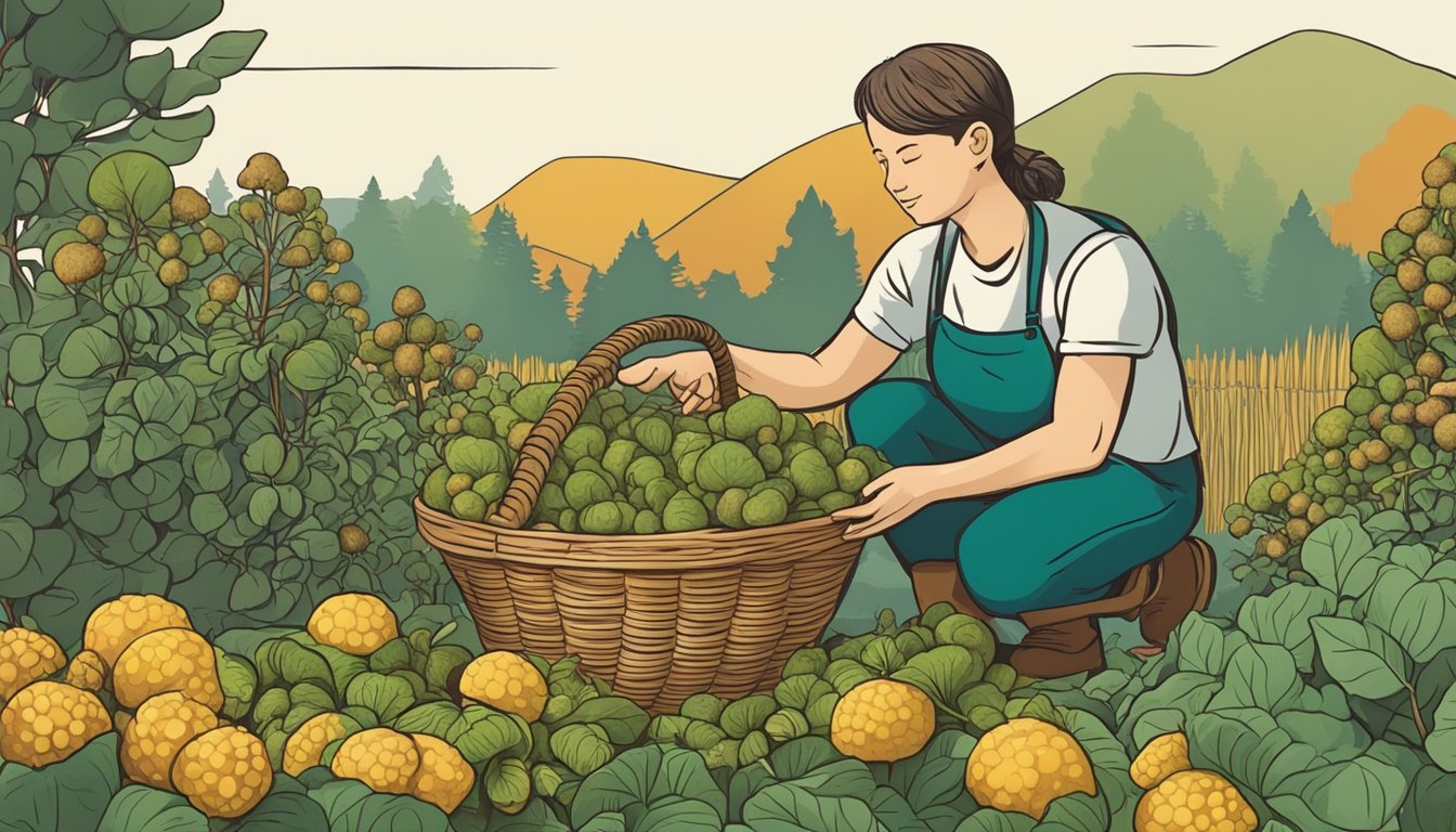 A person in a garden, harvesting sunchokes from the ground, with a basket of freshly picked sunchokes nearby