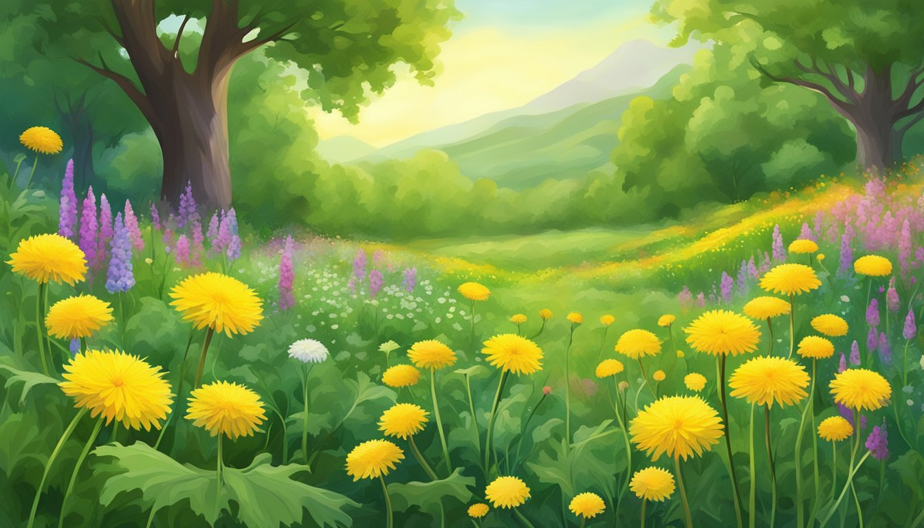 A lush field of dandelions in various stages of growth, surrounded by vibrant green foliage and colorful wildflowers