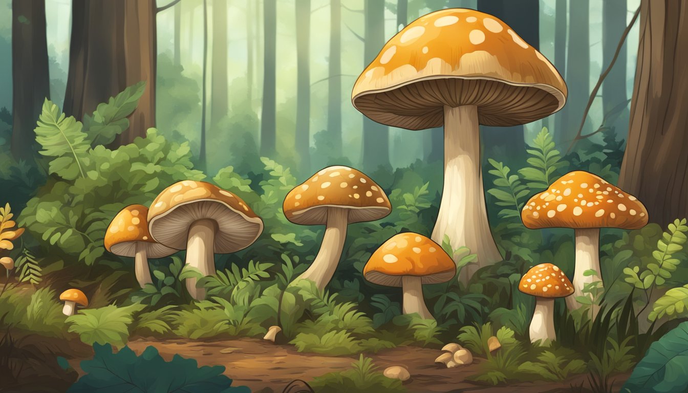 A forest floor covered in various types of mushrooms, with trees and foliage in the background