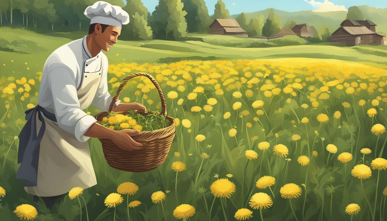 A chef gathering dandelions in a lush field, with a basket of foraged ingredients and a rustic kitchen in the background