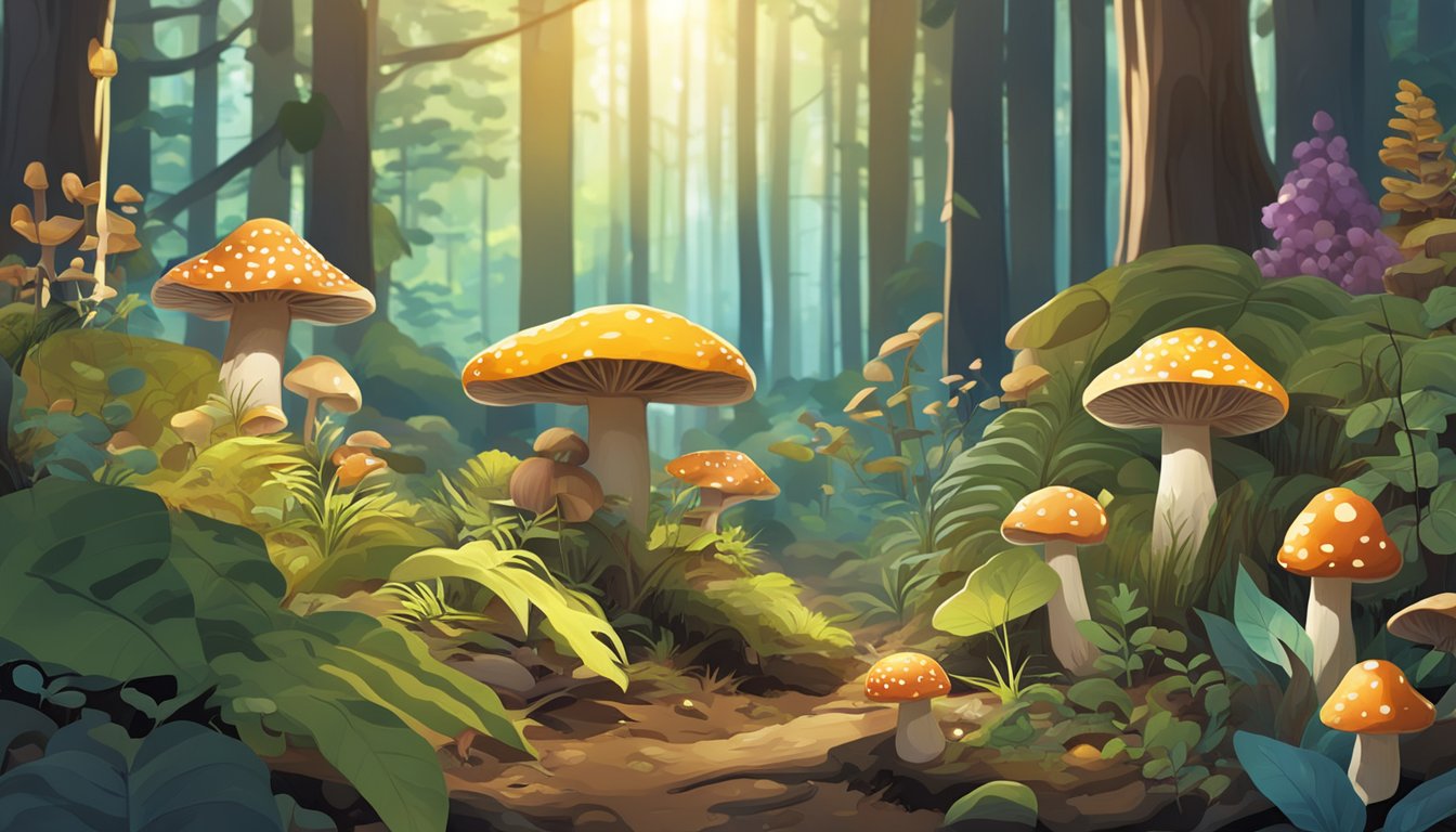 A dense forest floor covered in a variety of mushrooms in different shapes, sizes, and colors, with sunlight filtering through the trees above