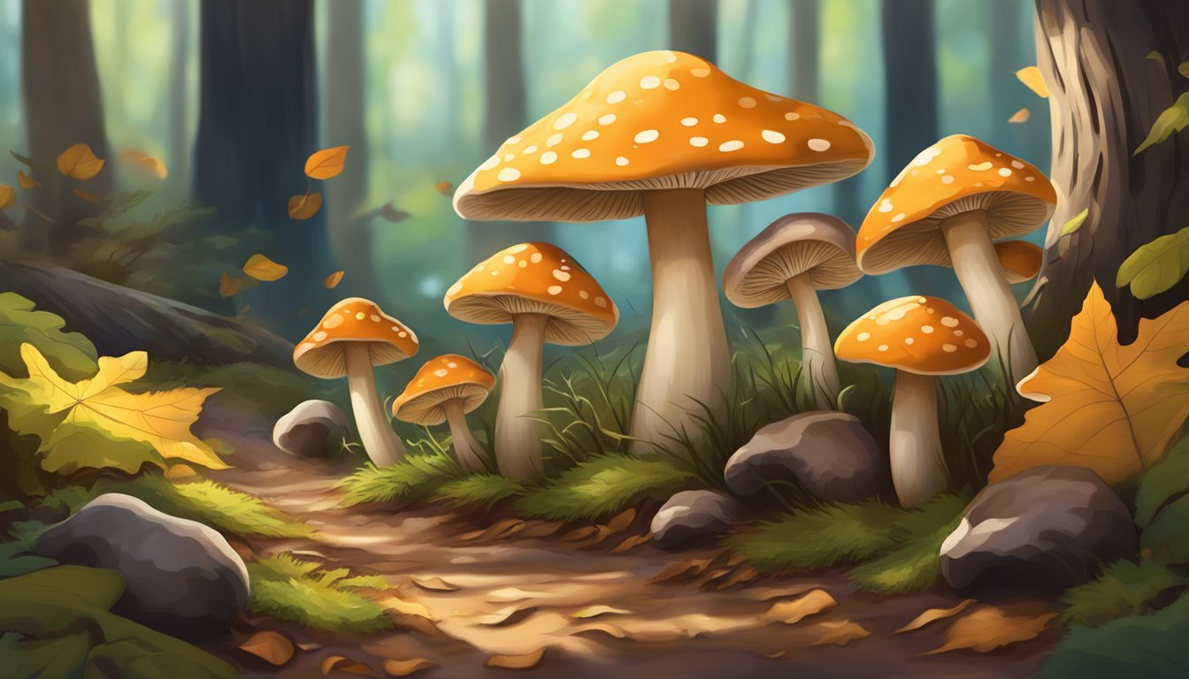 Vibrant Texas mushrooms sprout from the forest floor, surrounded by fallen leaves and dappled sunlight