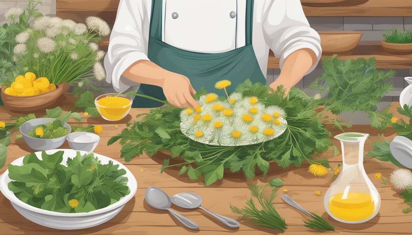 A table set with dandelion-infused dishes, surrounded by foraged greens and flowers. A chef prepares a dandelion dish in a rustic kitchen