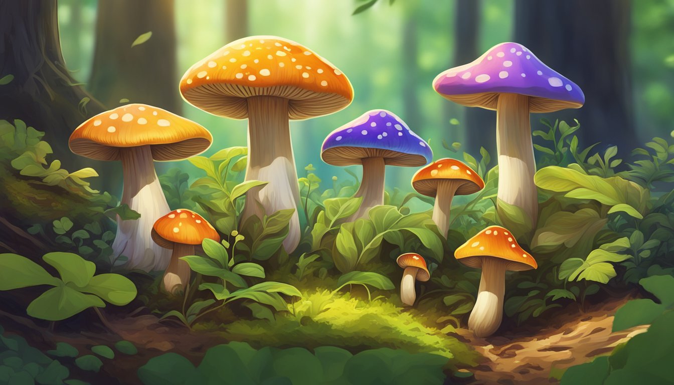 A group of colorful mushrooms sprout from the forest floor, surrounded by vibrant green foliage and dappled sunlight