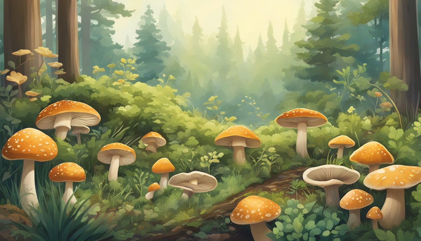 A variety of wild plants and mushrooms scattered across a forest floor, with a mix of open fields and dense vegetation