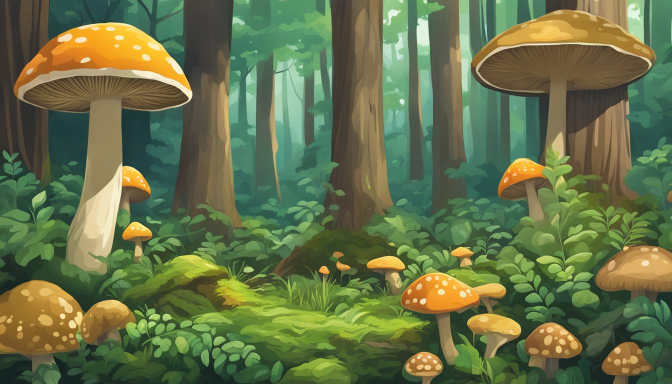 Lush forest floor with various mushrooms sprouting up, surrounded by tall trees and vibrant green foliage