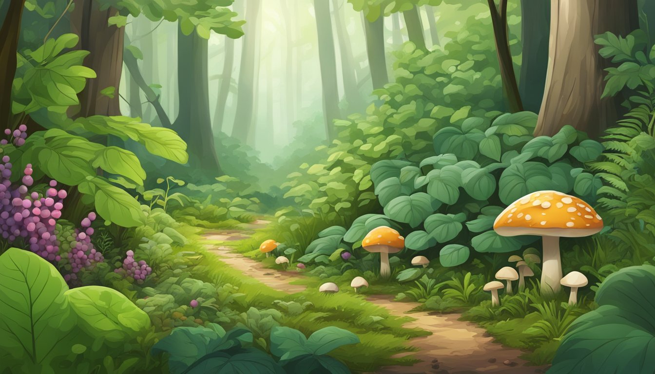 Lush green forest floor with wild berries, mushrooms, and edible plants scattered among the foliage