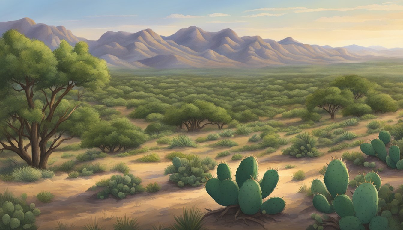 A lush Texas landscape with wild edibles like prickly pear, mesquite, and pecans scattered across the terrain