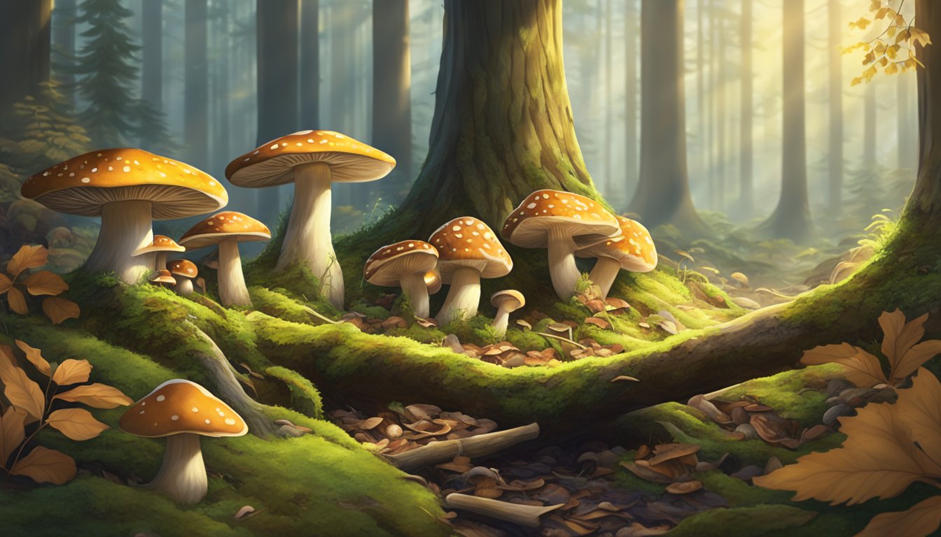 A serene forest clearing with a variety of mushrooms growing among the fallen leaves and moss-covered logs. Sunlight filters through the canopy, creating a peaceful and enchanting atmosphere