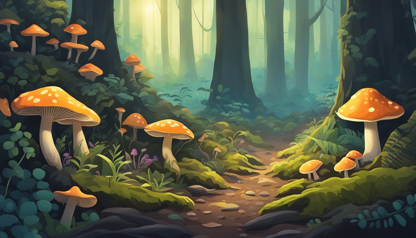 A dense forest floor with vibrant, otherworldly mushrooms sprouting from the earth, casting an eerie glow in the dim light