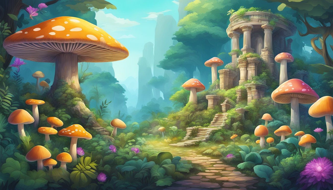 A vibrant mushroom forest with ancient ruins and symbols, surrounded by diverse flora and fauna