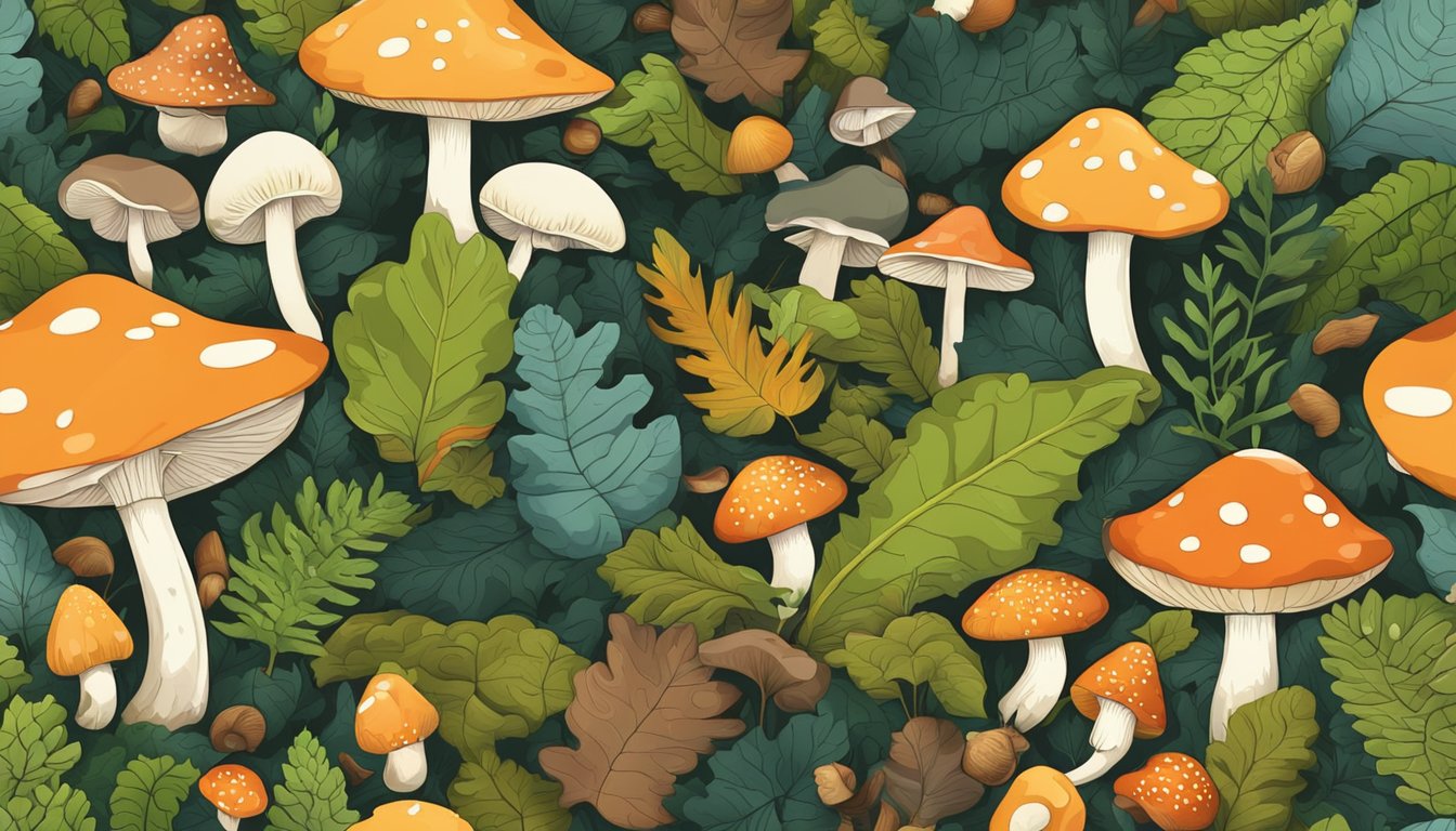 A lush forest floor with a variety of mushrooms in different shapes, sizes, and colors scattered amongst the fallen leaves and moss