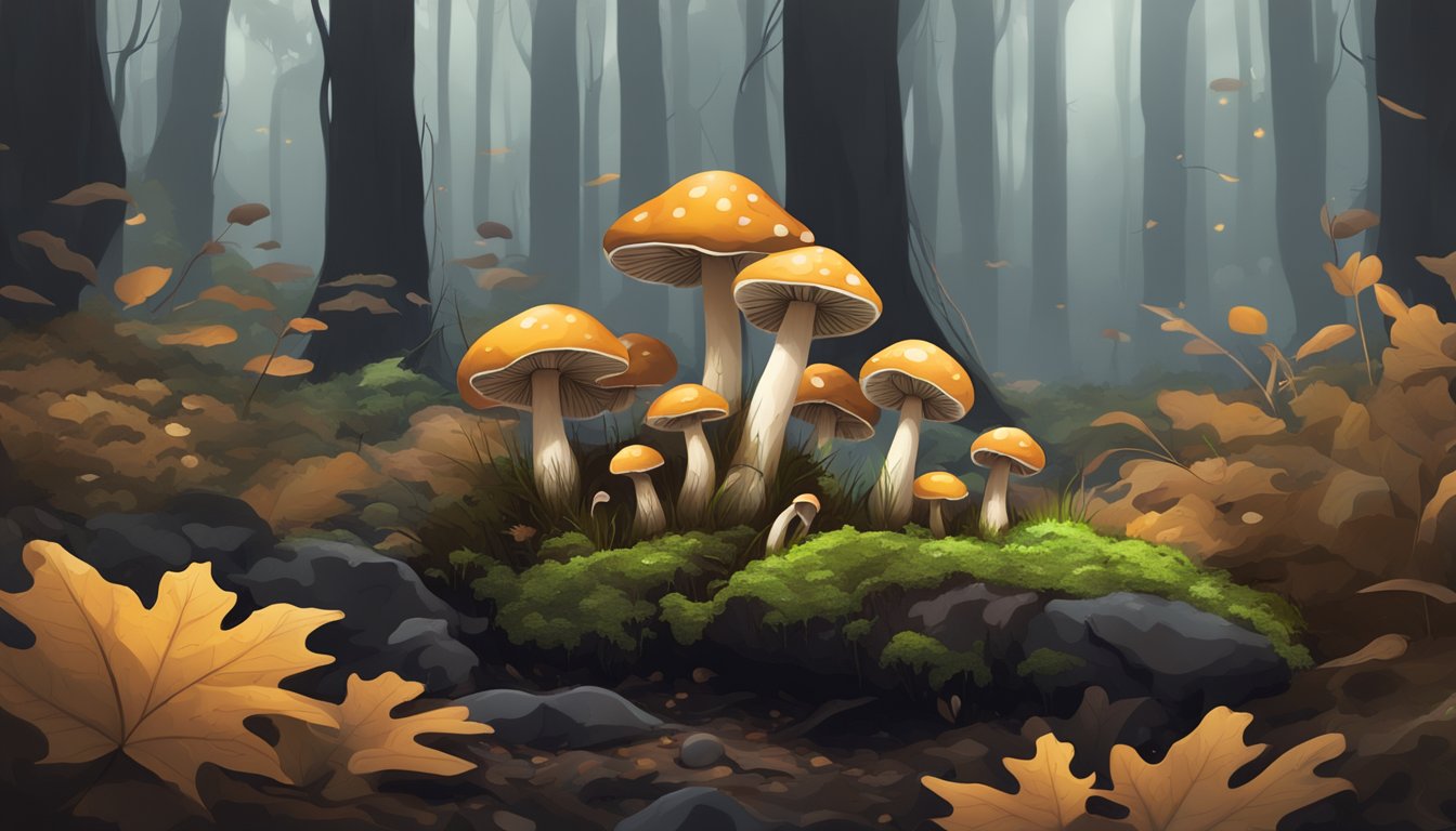 A cluster of mushrooms growing in a damp, dark forest, surrounded by fallen leaves and moss