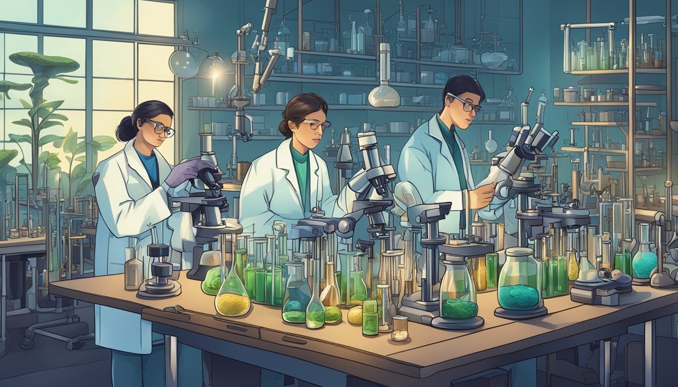 A group of scientists in a lab, surrounded by test tubes, microscopes, and various scientific equipment, studying and researching mushrooms