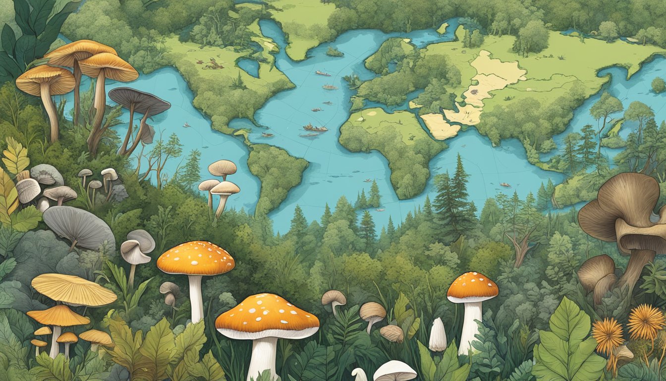 A diverse array of wild plants and mushrooms in a lush forest, with a map of the United States in the background