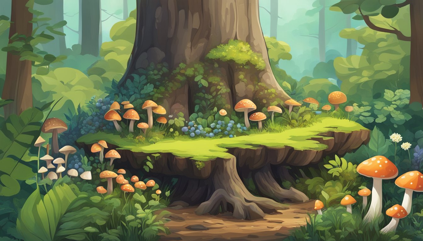 A lush forest with various plants, berries, and mushrooms, a guidebook open on a tree stump, surrounded by a diverse array of flora