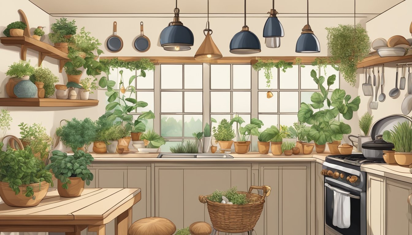 A cozy kitchen with a variety of mushrooms and cooking utensils, surrounded by plants and natural decor