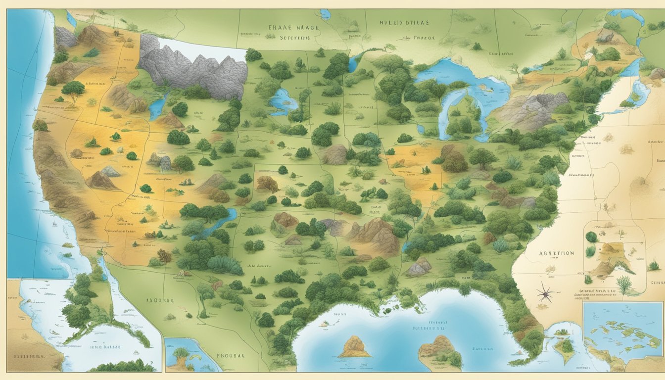 A map of the United States with diverse natural landscapes and foraging locations marked for each state