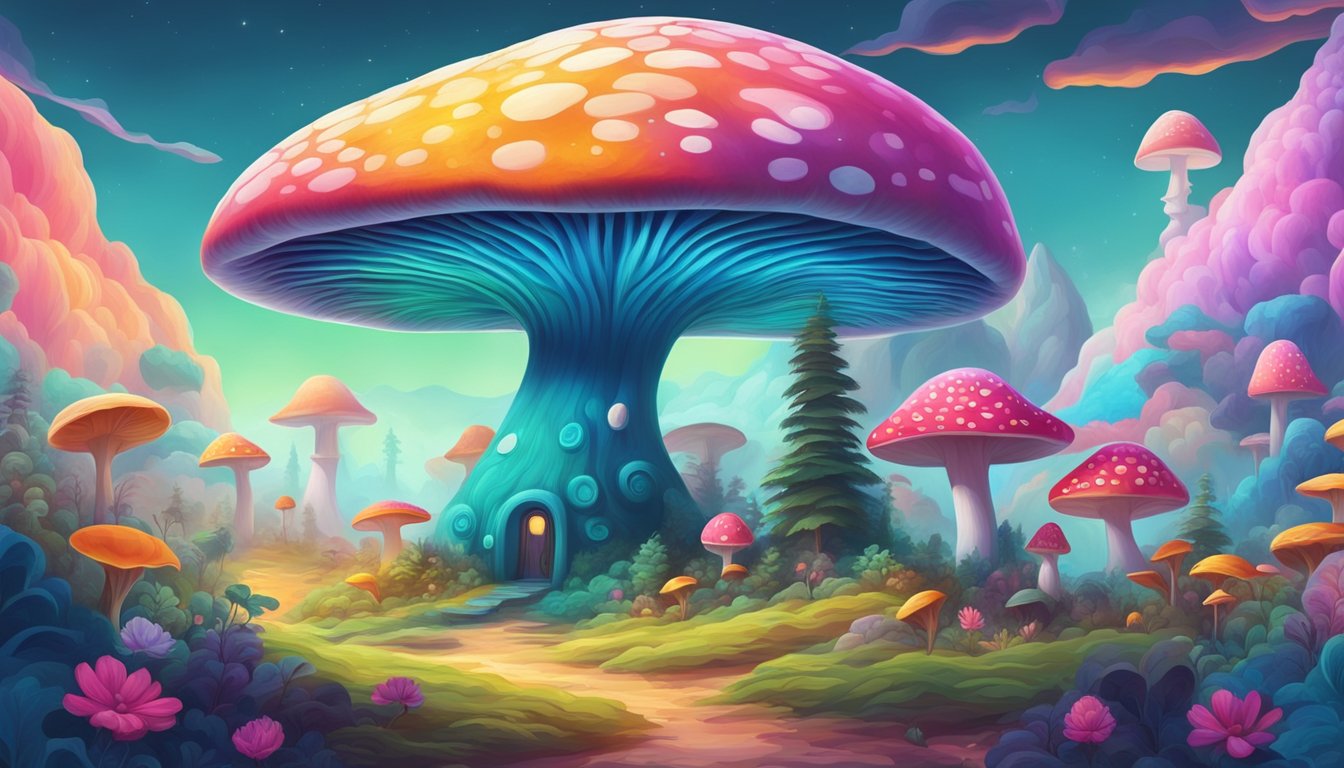 A vibrant, swirling landscape of surreal colors and patterns, with fantastical mushroom-like structures and a sense of tranquility and wonder