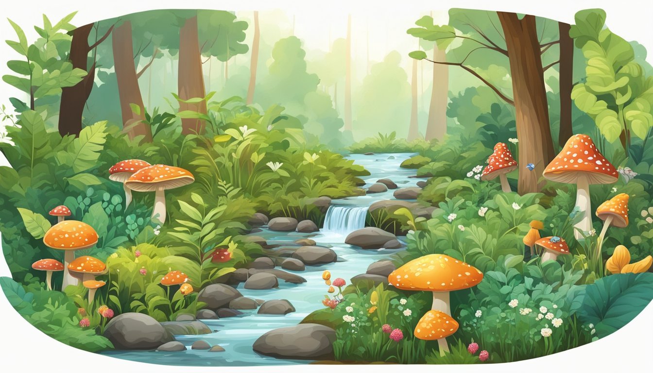 A lush forest with various plants, mushrooms, and berries scattered on the ground. A small stream flows through the scene, with birds and small animals foraging for food