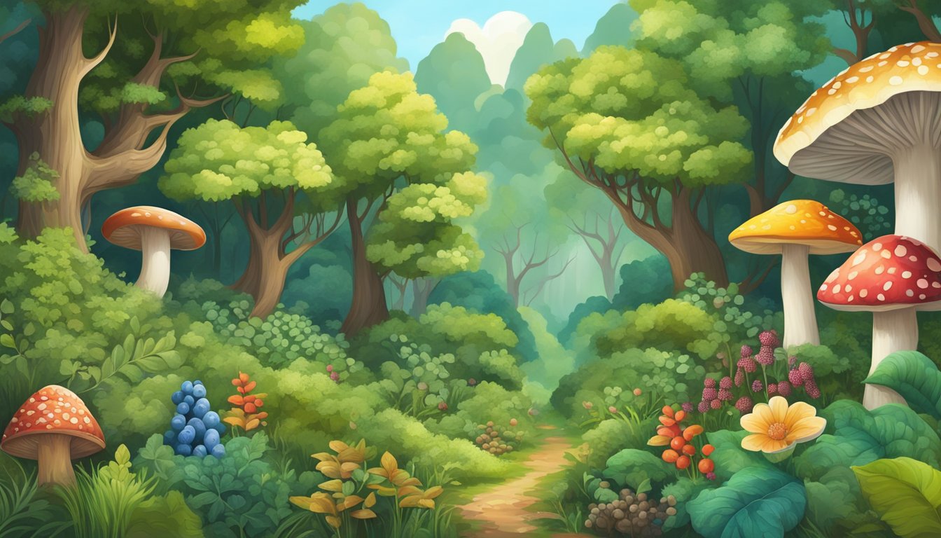 A lush forest with various plants, mushrooms, and berries in different stages of growth, surrounded by changing landscapes representing all four seasons