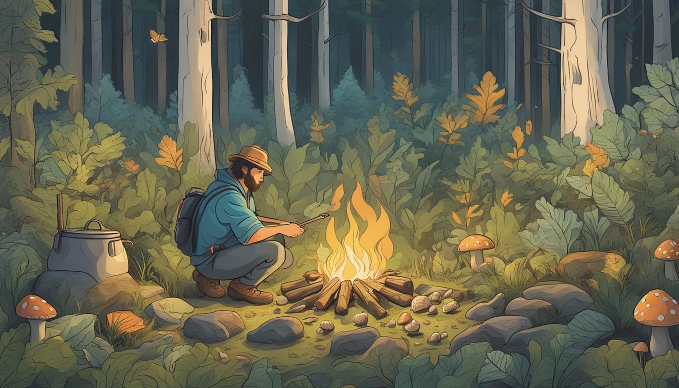 A forest clearing with diverse plants, mushrooms, and wildlife, with a figure collecting and cooking wild foods over a campfire