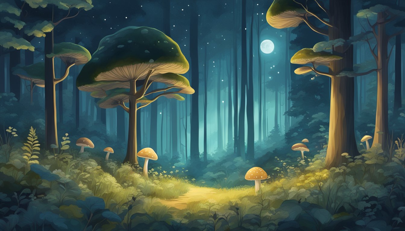 A serene forest clearing bathed in the soft glow of moonlight, with various edible plants and mushrooms scattered across the ground