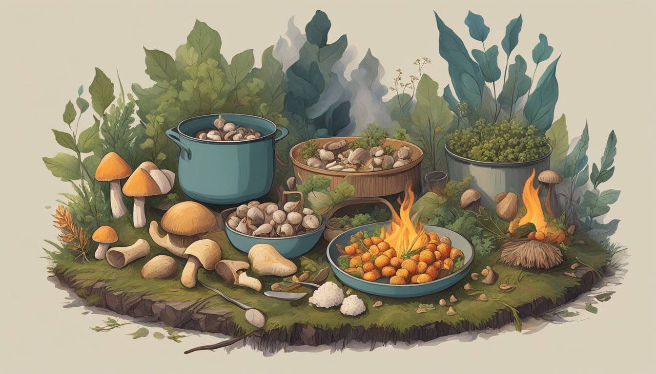 A figure gathers wild plants and mushrooms, while a fire burns nearby for cooking. A variety of foraged foods are laid out on a makeshift table